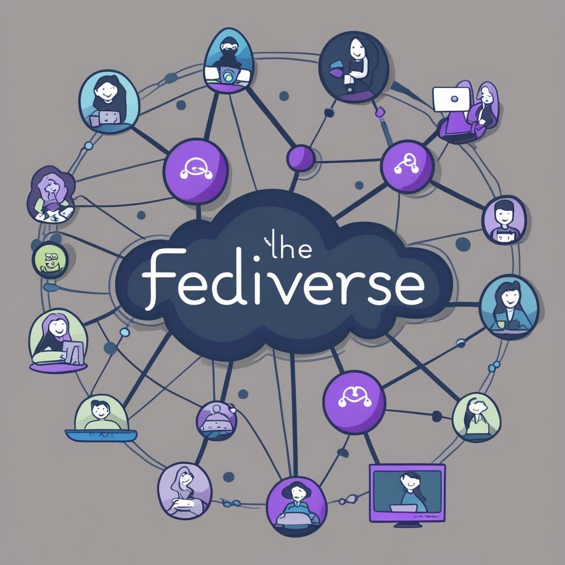 AI generated image of a universe with people in front of a laptop around the word "The Fediverse"